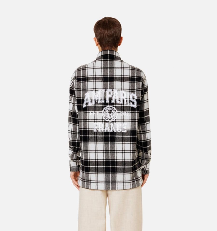 Geaca AMI PARIS Checked Overshirt With Print Gri | ami_RO143