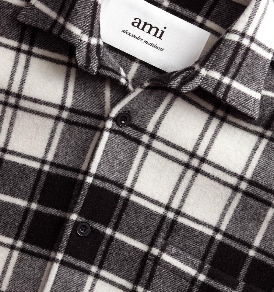 Geaca AMI PARIS Checked Overshirt With Print Negrii Albi | ami_RO562