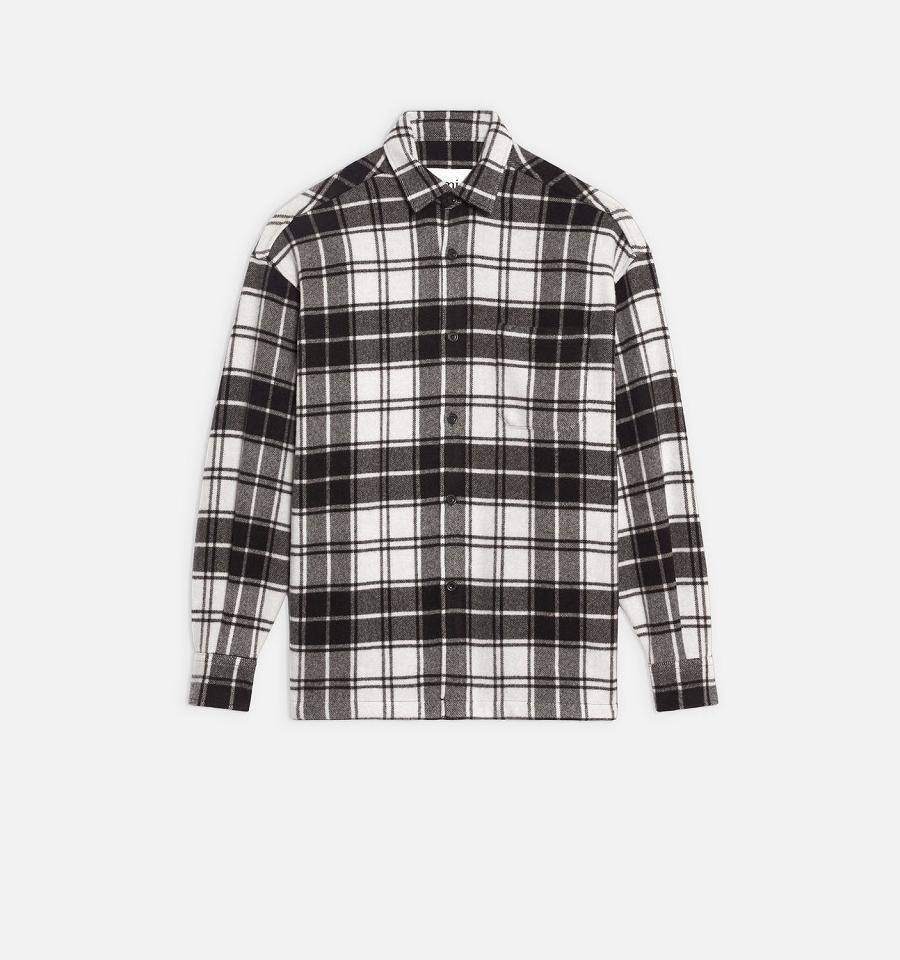 Geaca AMI PARIS Checked Overshirt With Print Negrii Albi | ami_RO562