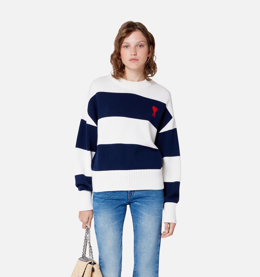 Pulovere AMI PARIS Ami de Coeur With Rugby Stripes Bleumarin Albi | ami_RO236