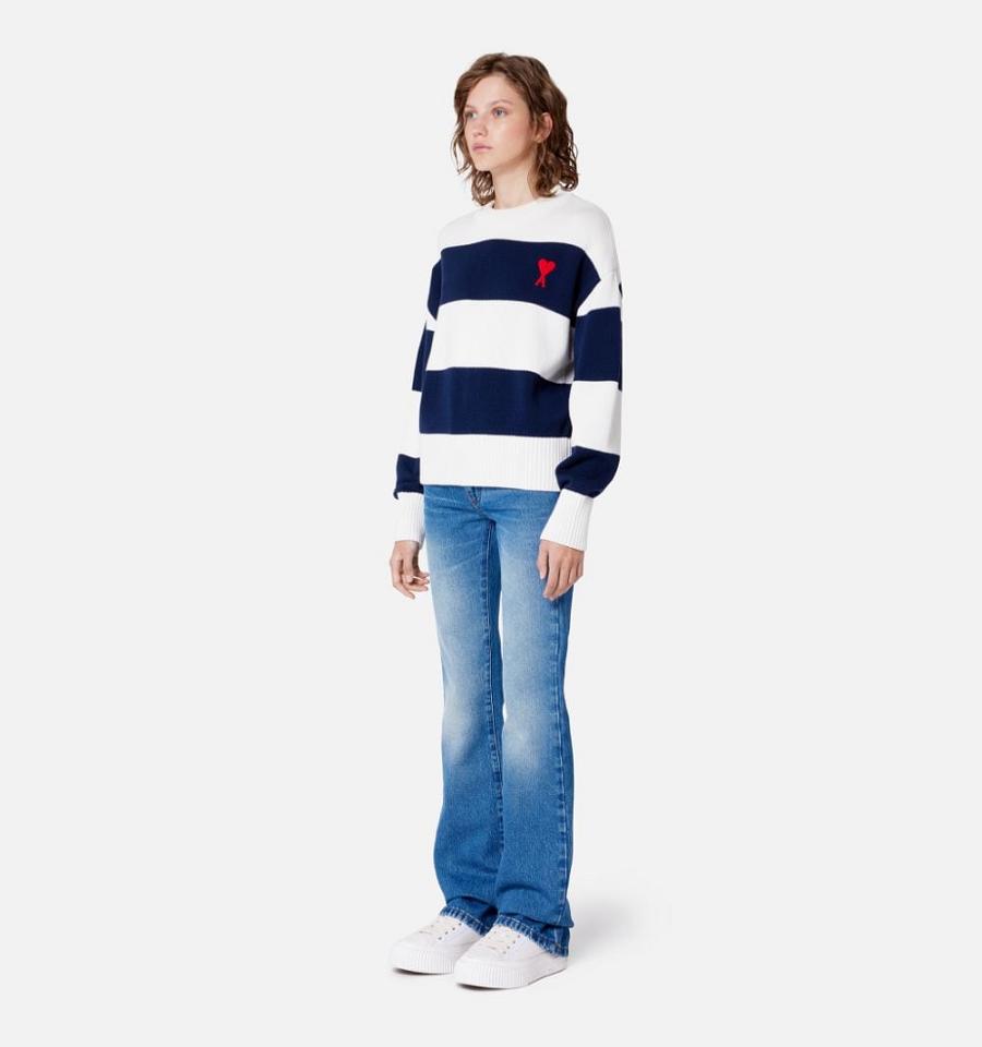 Pulovere AMI PARIS Ami de Coeur With Rugby Stripes Bleumarin Albi | ami_RO236