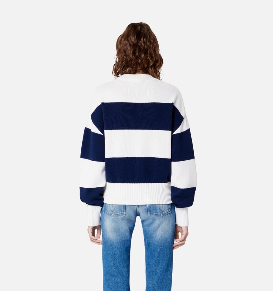 Pulovere AMI PARIS Ami de Coeur With Rugby Stripes Bleumarin Albi | ami_RO236