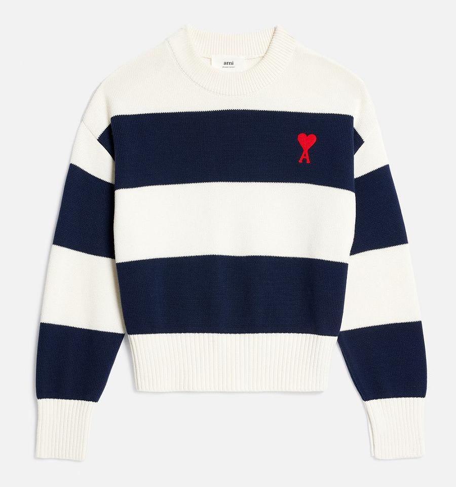 Pulovere AMI PARIS Ami de Coeur With Rugby Stripes Bleumarin Albi | ami_RO236